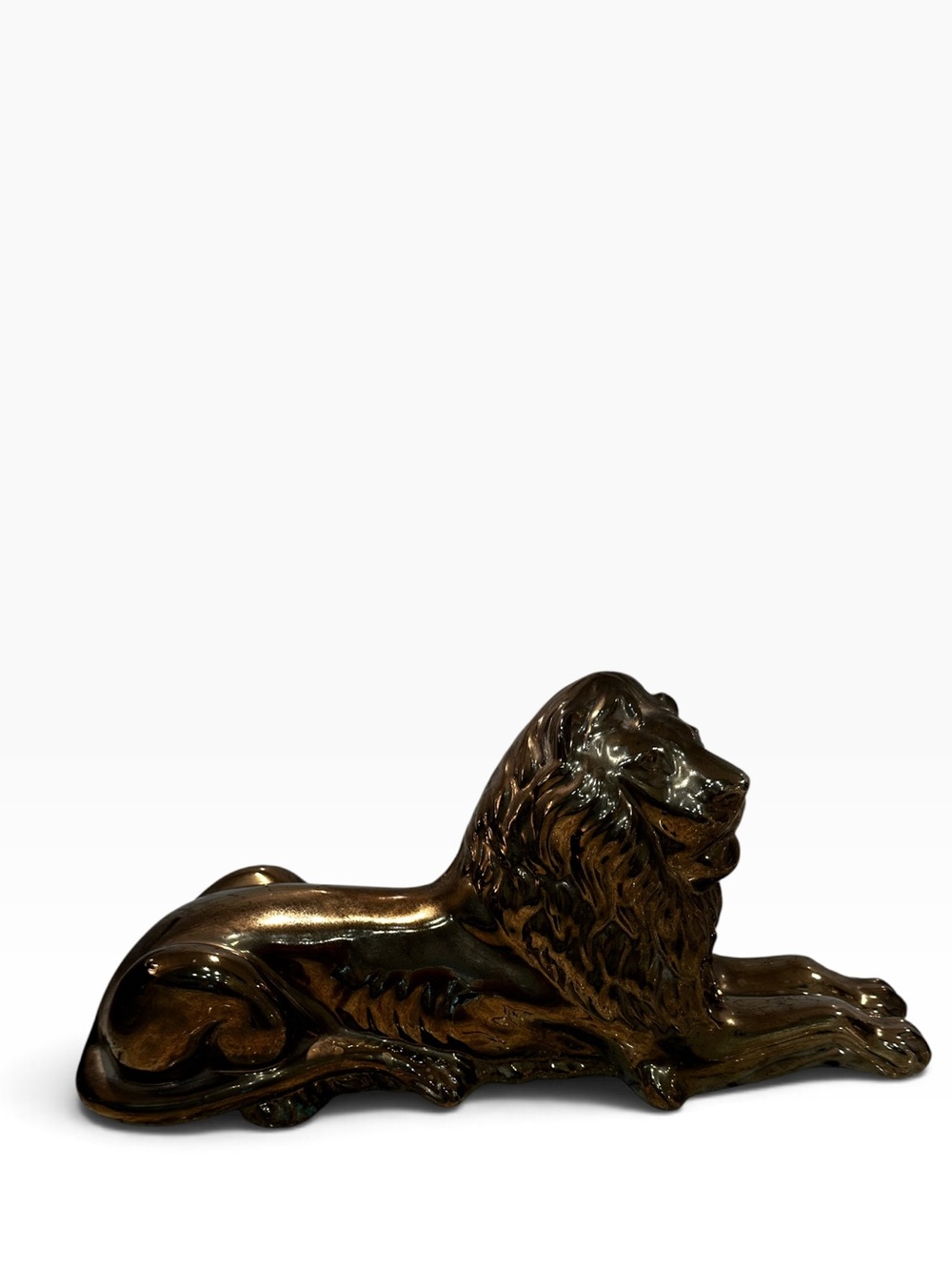 MCM Mid Century Modern Reclining Lion Ceramic Pottery Statue Bronze Glaze 18in